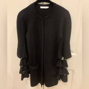 Anne Fontaine Black Knit Cardigan Sweater with Pearl & Ruffle Accents • 38/ 4-6